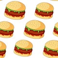 Seamless burger pattern on white background. Hand drawing of fast food. Vector illustration. cartoon style.
