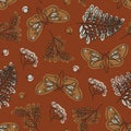 Seamless pattern with butterflies, ferns and berries. Surface design.