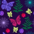 Seamless butterfly pattern, spider webs, branches on purple