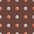 Seamless button pattern on brown background. It is perfect for packaging design, branding and sewing-themed websites.