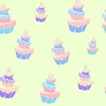 Seamless cake pattern three-layer cartoon cakes on yellow background Royalty Free Stock Photo