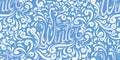 Seamless calligraphic pattern with Lettering Winter written by hand and tracery pattern. Blue frosty texture