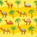 Seamless camel pattern. Cute cartoon camels in desert among sand dunes and palm trees. Egyption tribal vector wallpaper