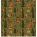 A seamless camping-themed pattern features a repeated arrangement of tents, Royalty Free Stock Photo