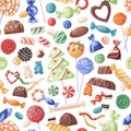 Seamless candies pattern. Endless background design with repeating sweets print. Confectionery texture with lollipops Royalty Free Stock Photo
