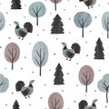 Seamless capercaillie bird pattern. Vector wood illustration with watercolor cartoon grouse and trees