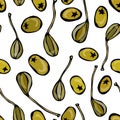 Seamless with Capers and Green Olives. Isolated On a White Background. Realistic Doodle Cartoon Style Hand Drawn Sketch