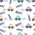 Seamless car pattern kids background with colorful automobile and words Beep, Toot. Flat design