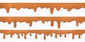 Seamless caramel drips. Realistic 3D toffee flows isolated on white background, melted milk chocolate horizontal splash
