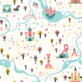 Seamless card pattern with prince and princess, unicorns and fairies, ship, river, castles, towers, dragon cave Royalty Free Stock Photo