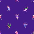 Seamless carnival pattern. Festival background with circus artists, acrobat, clown, harlequin, juggler, carnaval Royalty Free Stock Photo