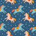 Seamless carousel horses pattern. Vintage funfair elements. Decorative animal figurines. Colorful ponies. Festival fair