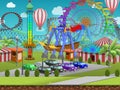 Seamless cartoon amusement park, summer landscape, vector unending background with separated layers.