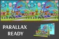 Seamless cartoon amusement park, summer landscape, vector unending background with separated layers. Royalty Free Stock Photo