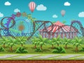 Seamless cartoon amusement park, summer landscape, vector unending background with separated layers. Royalty Free Stock Photo