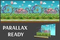 Seamless cartoon amusement park, summer landscape, vector unending background with separated layers. Royalty Free Stock Photo