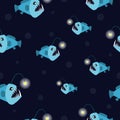 Seamless cartoon angler fish pattern. Vector marine background