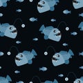 Seamless cartoon angler fish pattern. Vector marine background with anglers Royalty Free Stock Photo