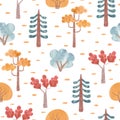 Seamless cartoon autumn trees pattern. Vector watercolor fall background Royalty Free Stock Photo