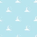 Seamless cartoon background with white half moon, clouds and stars on blue sky Royalty Free Stock Photo