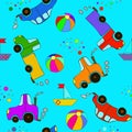 Seamless cartoon car, ball, bubbles, ship, tractor and truck pattern on a blue background. Royalty Free Stock Photo