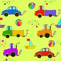 Seamless cartoon car, ball, bubbles, ship, tractor and truck pattern Royalty Free Stock Photo