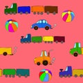 Seamless cartoon car, ball, train, tractor and truck pattern