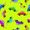 Seamless cartoon cars pattern on a green background.