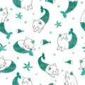 Seamless cartoon cat mermaid and fish pattern. Royalty Free Stock Photo