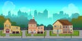 Seamless cartoon city landscape, vector unending background with road, buildings and sky layers