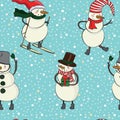 Seamless cartoon color pattern with winter snowman in hat, scarf, felt boots, ski and snowflakes