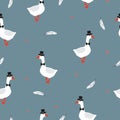 Seamless cartoon geese gentlemen pattern for kids. Vector goose illustration