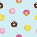 Seamless cartoon glazed sweet donuts on the blue background. Colorful dessert with chocolate and sugar. Vector illustration. Royalty Free Stock Photo