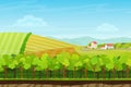 Seamless cartoon landscape with forest wood, mountains and hills with farm village houses. Landscape for game.