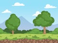 Seamless cartoon landscape. Parallax nature panorama ground with grass trees and rocks vector background Royalty Free Stock Photo