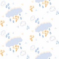 Seamless cartoon lightning cloud doodle pattern. Whimsical minimal gender neutral color. Kids nursery or weather fashion