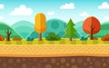 Seamless cartoon nature landscape. Layered ground, grass, trees