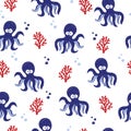 Seamless cartoon octopus pattern. Vector sea background.