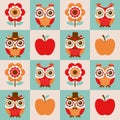 Seamless cartoon owls birds pattern