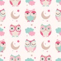 Seamless cartoon owls birds pattern Royalty Free Stock Photo