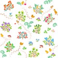 Seamless cartoon pattern with berry bushes and chickens