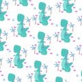 Seamless cartoon pattern with dino and palm trees