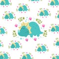 Seamless cartoon pattern with dino Triceratops surrounded by leaves