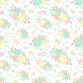 Seamless cartoon pattern hand-drawn floral elements, bouquets, flowers and leaves. An illustration in pastel colors for the decor