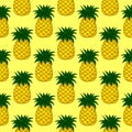 Seamless cartoon pattern with hand drawn pineapple fruit, print on vibrant yellow background for cute design