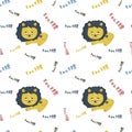 Seamless cartoon pattern with a lion and the word roar. Bright vector illustration. Great for designing children's