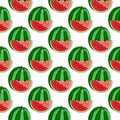 Seamless cartoon pattern with red green watermelon fruit on white background