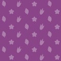 Seamless cartoon purple pattern with dinosaur footprints, stars, leaves. Vector kid background. Gift wrap, print, cloth