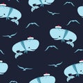 Seamless cartoon sailor whales pattern. Baby print