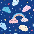 Seamless cartoon sky pattern with cute smiling sleeping clouds, rainbow, hearts and stars on blue background